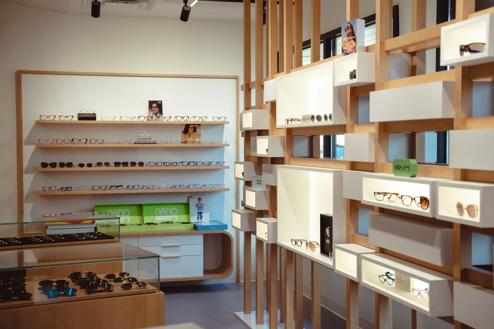 Oak frame displays and glass cases in the Claye optical